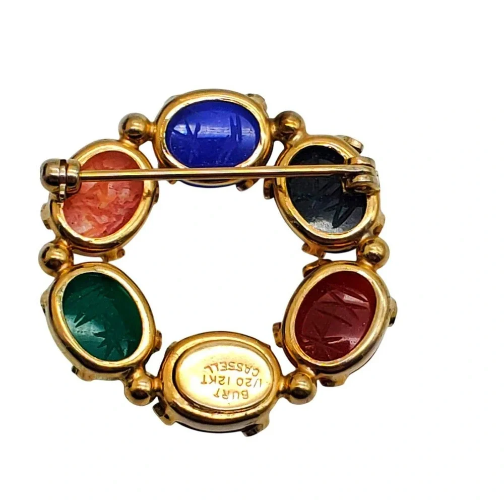 Egyptian Revival Circle Scarab Brooch Cassell 1/20 12KT Gold Filled Carved Pin‎